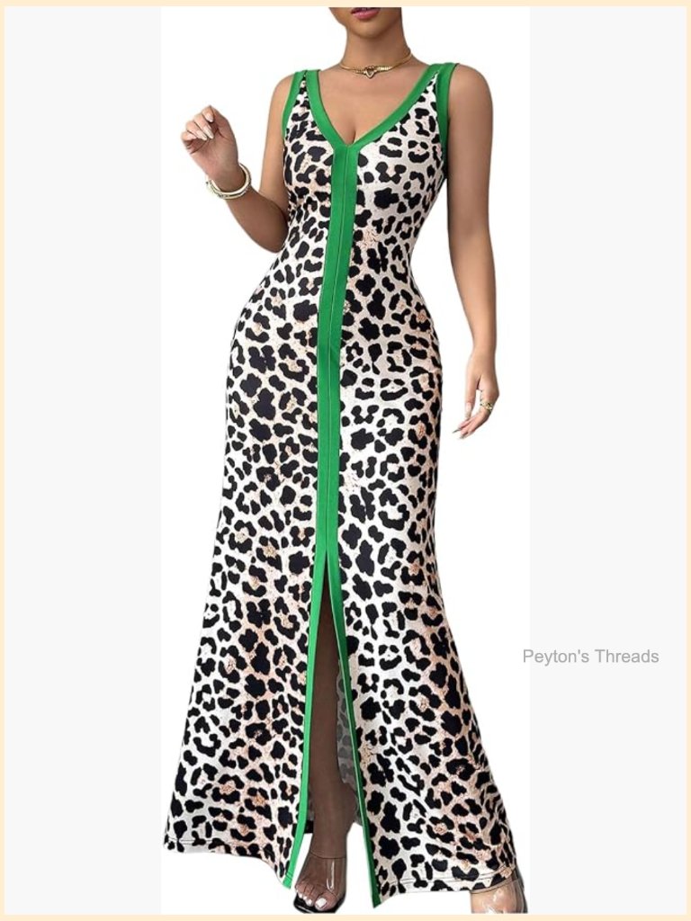 Leopard Animal Print Maxi Dress V-Neck High Slit Knitted Stretchy Sleeveless